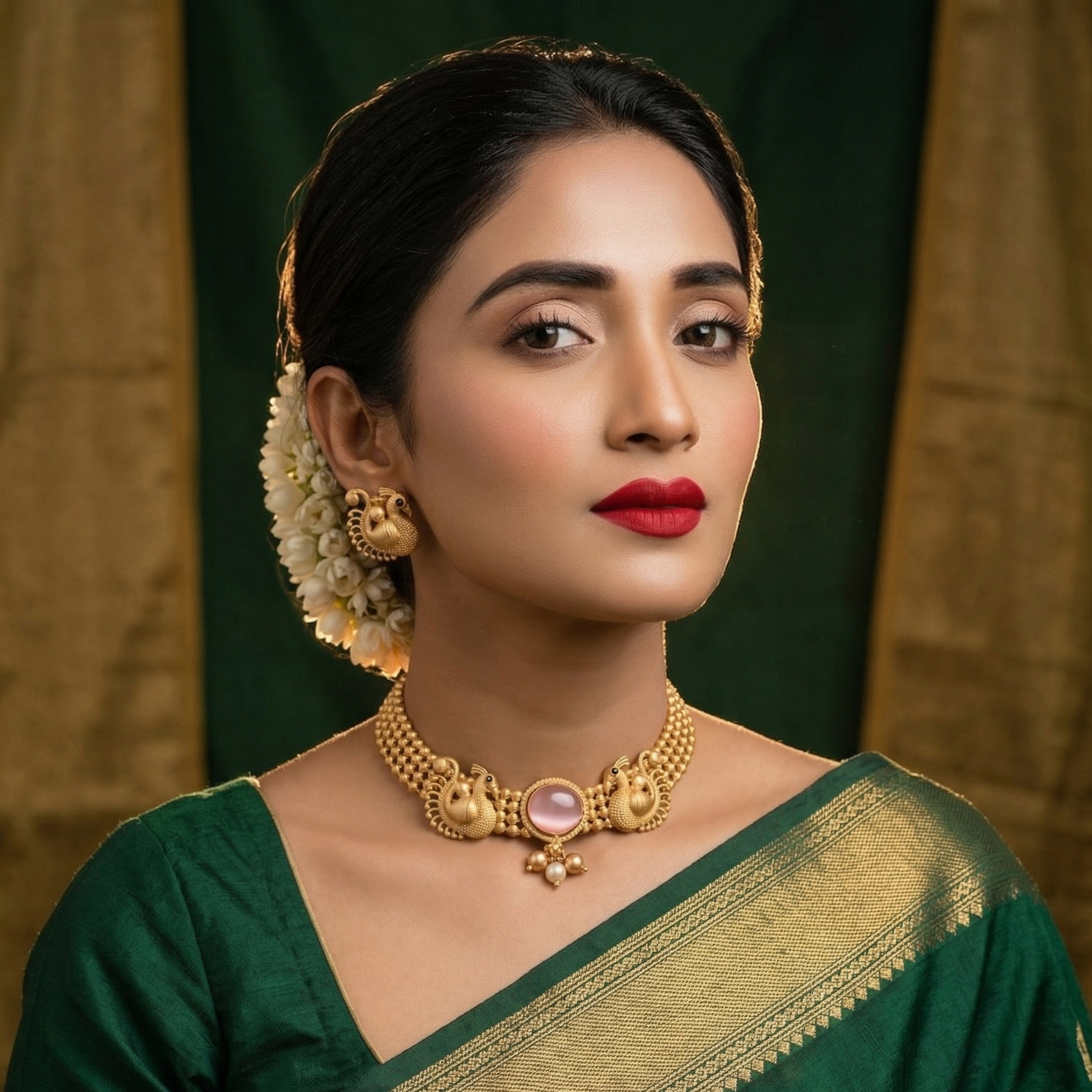Yugavi Mayura peacock necklace and earring set in bright gold-dipped finish — four-row latticed bead choker with Mayura motif pendant, cat's eye stone and pearl drops, with matching peacock stud earrings