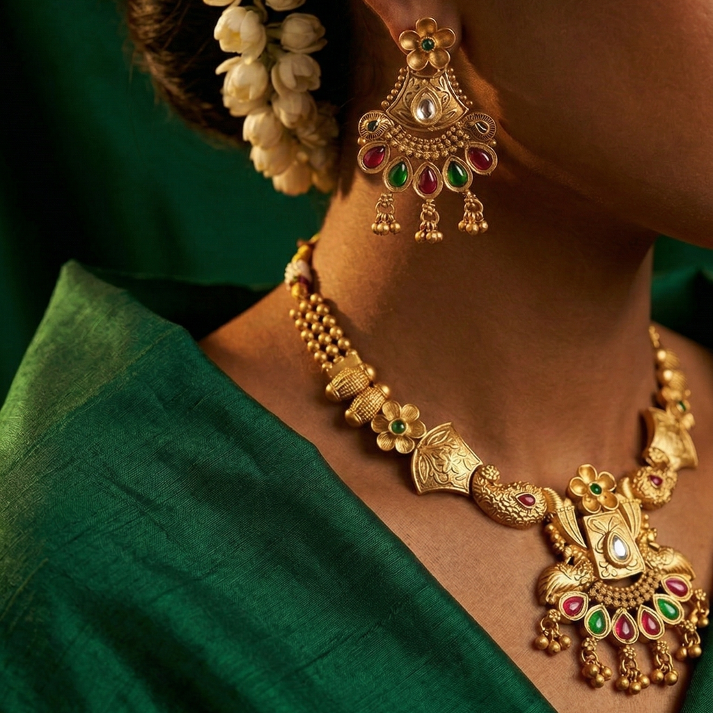 Yugavi Mayuri antique gold peacock earring pair front view — flower stud top with green cabochon, engraved triangular body with white kundan, peacock scroll sides, alternating ruby red and emerald green teardrop stone fringe with ghungroo drops — House of Yugavi
