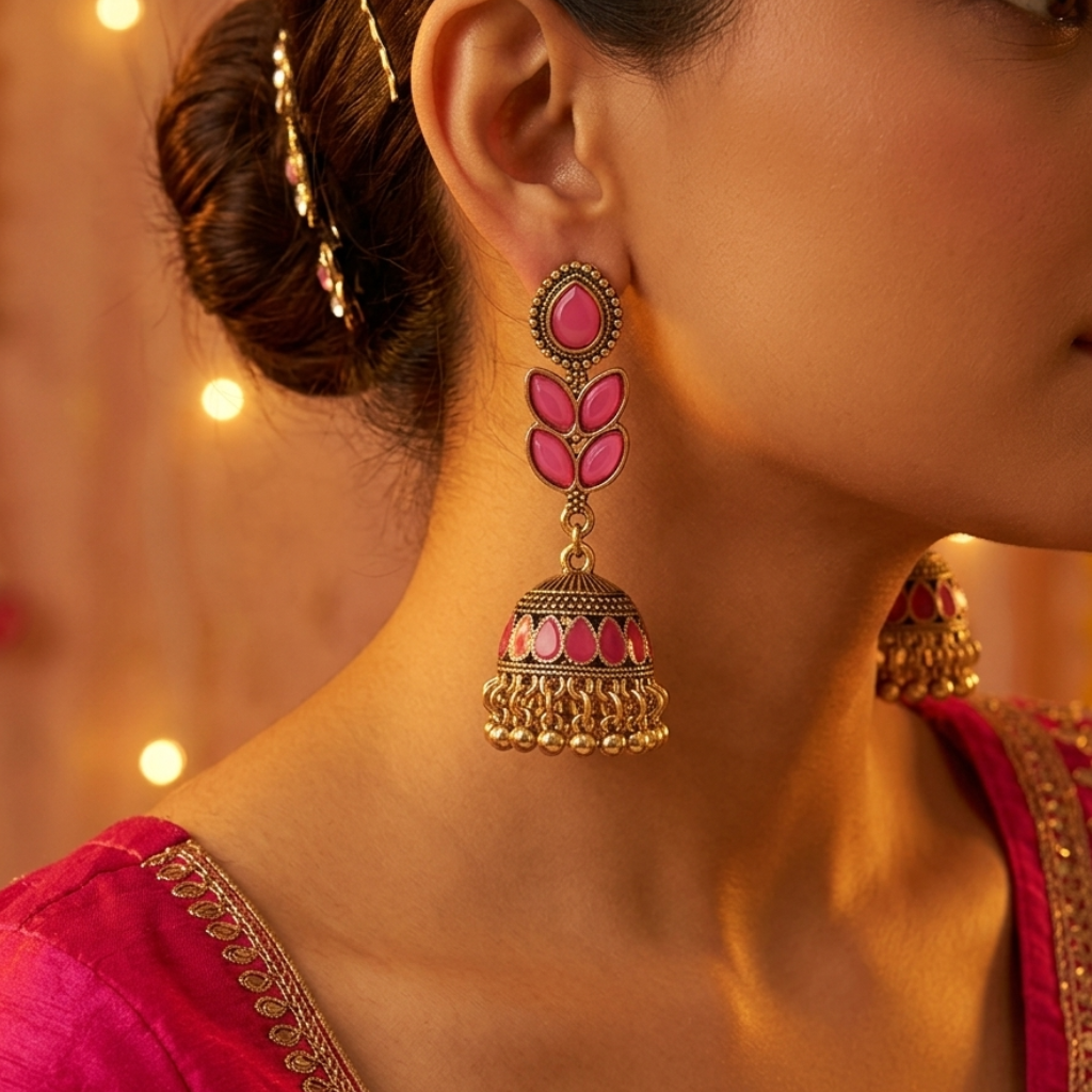 Yugavi Mehal deep pink stone antique gold jhumka earrings displayed as a pair on white background — single pink oval cat's eye stud, three-stone tulip leaf cluster connector, full dome jhumka bell with pink teardrop insets and open filigree, dense gold ghungroo ball fringe