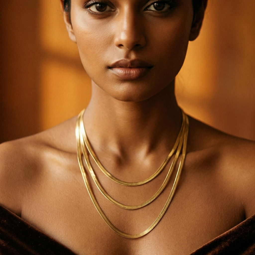 Yugavi Naagini gold herringbone snake chain necklace worn at collarbone — flat gold chain necklace — Yugavi Workday Elegance — Yugavi Jewels
