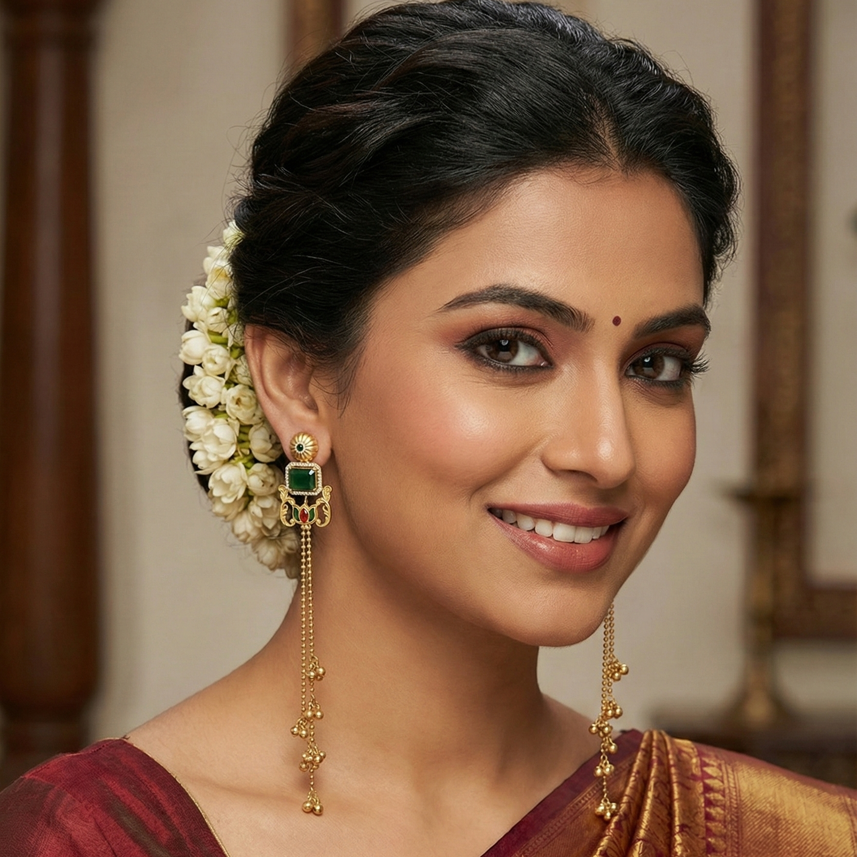 Woman wearing traditional jewelry with a blurred background