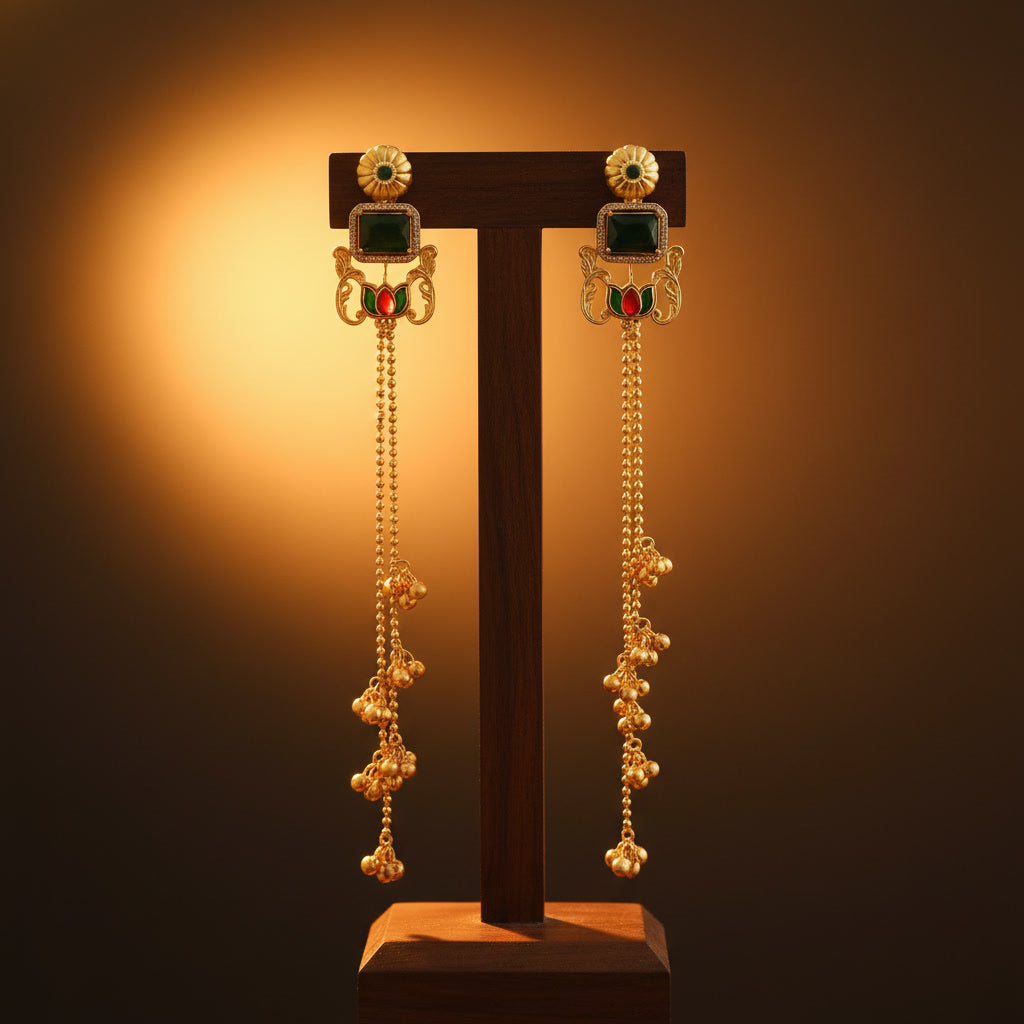 Yugavi Nayana 22K gold plated long chain ghungroo dangler earrings emerald green CZ stone meenakari lotus bridal wedding festive Navratri Indian jewellery buy online India Yugavi Kansyam