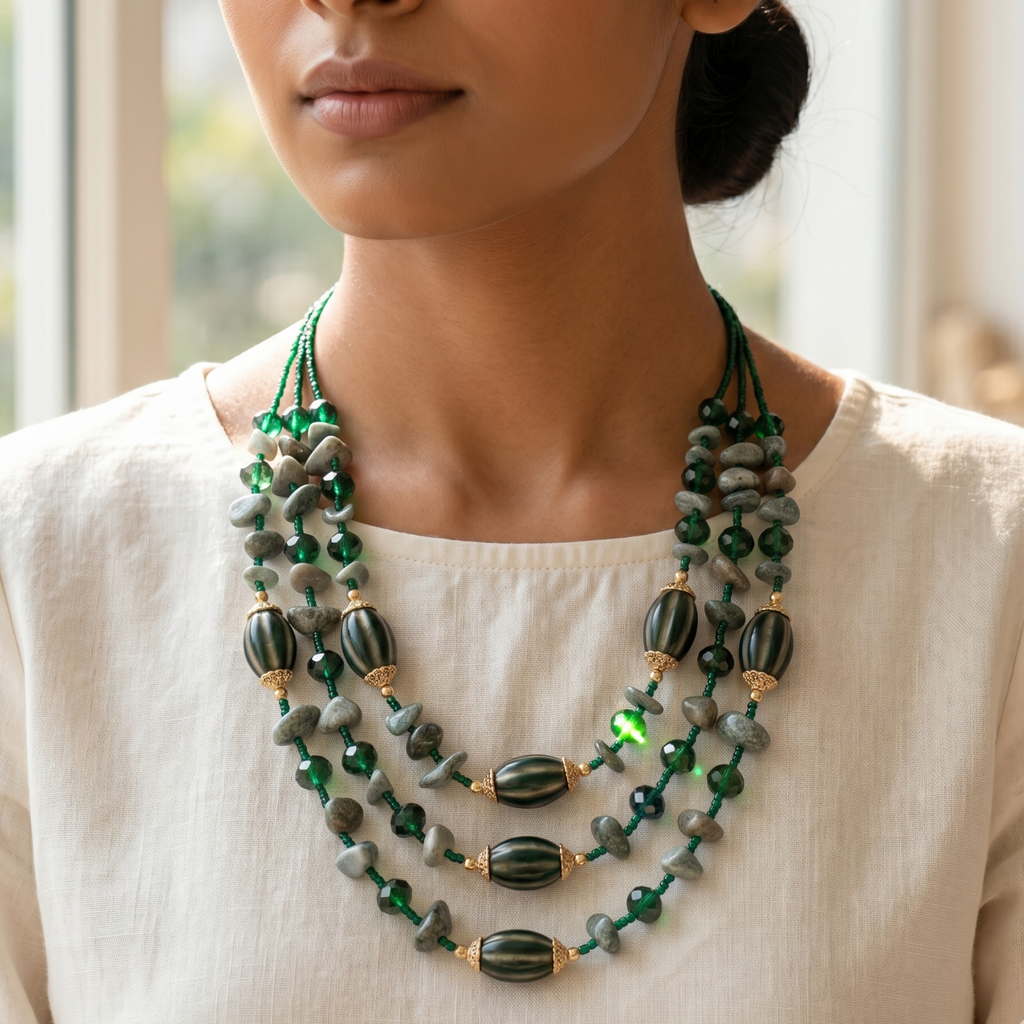 Yugavi Neelopa three-strand forest green beaded necklace on white background — three graduated-length strands of deep green cord with alternating grey stone chip nuggets and emerald green faceted crystal rondelles, large dark melon-ribbed oval beads with gold granulated caps at front of each strand, single gold lobster clasp with extension chain