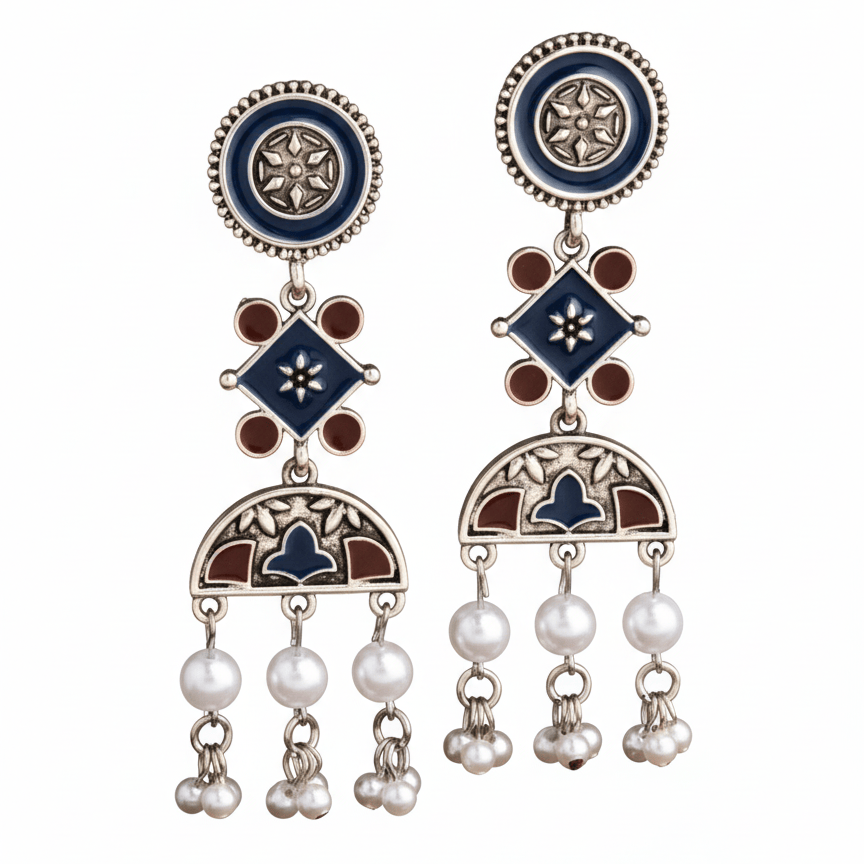 Yugavi Nilambari three-part oxidised silver drop earrings displayed as a pair on white background — circular navy blue enamel disc stud with engraved flower, diamond connector with rust red dot accents, and Mughal arch half-moon pendant with navy and rust enamel arched windows and five pearl drops at base
