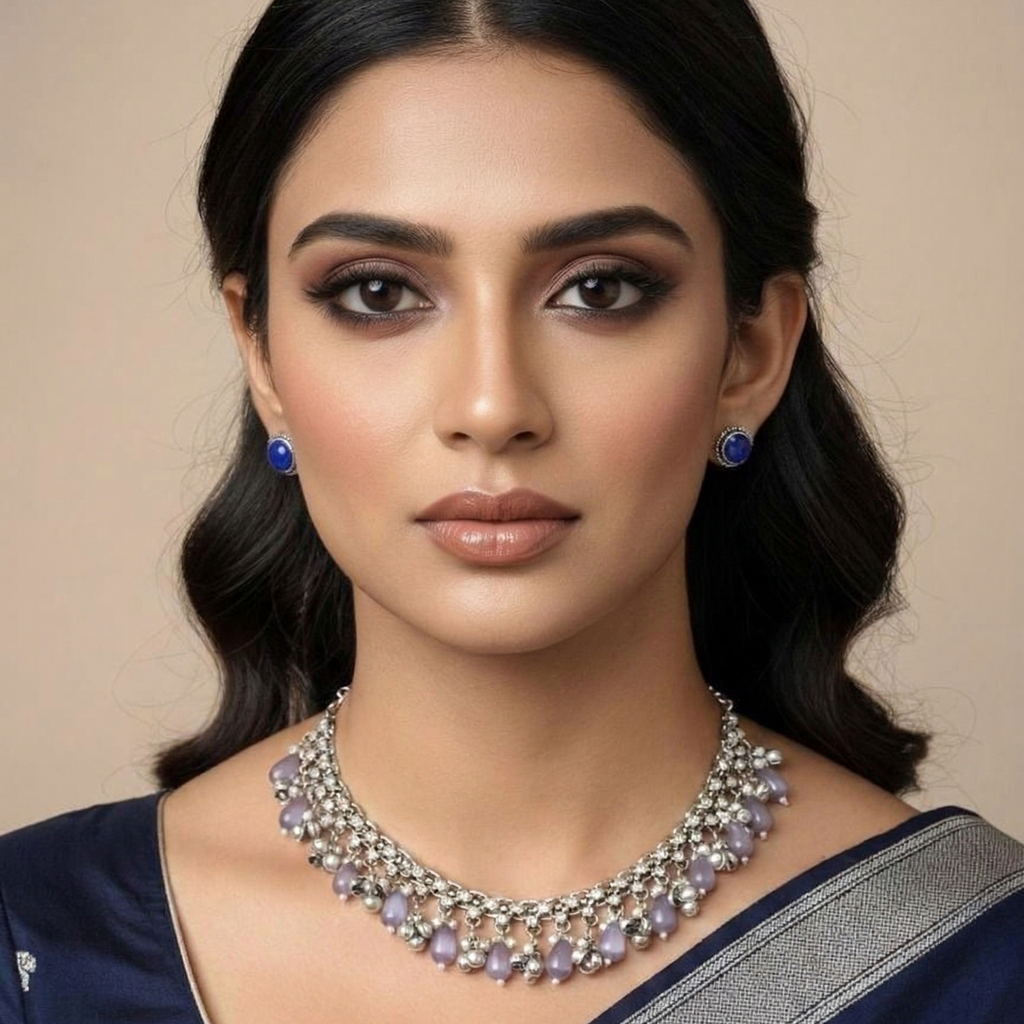 Yugavi Nilashrava Set — silver lavender cat's eye bead drop choker necklace and blue stone rope-twist stud earrings jewellery set — houseofyugavi.com