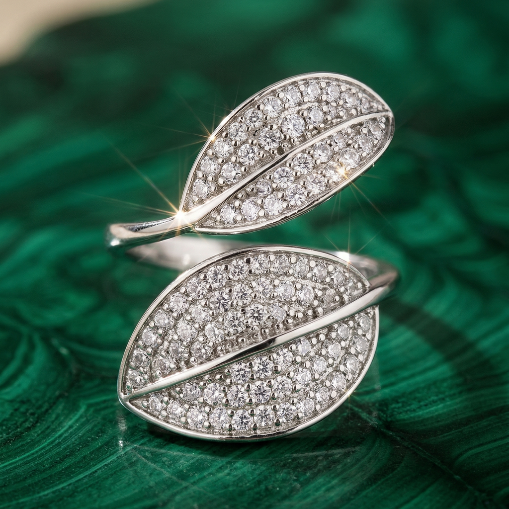 Yugavi Pallav Ring — silver rhodium double leaf pavé CZ bypass adjustable ring — Yugavi Bloom Collection — houseofyugavi.com