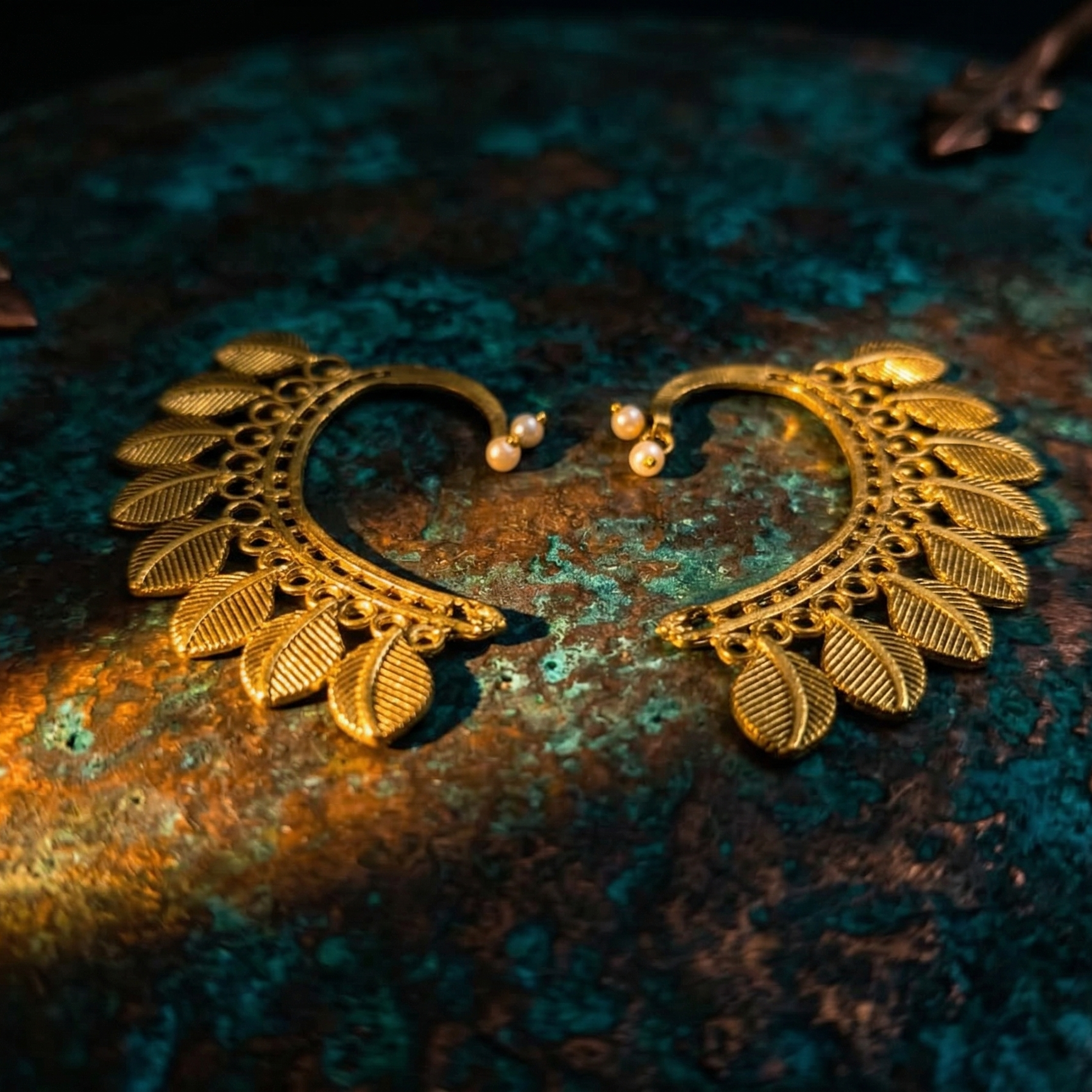 Yugavi Pallava brass leaf fan ear cuff worn on ear — crescent arc sitting against outer ear, full fan of ribbed gold leaves, heritage Indian jewellery styling 