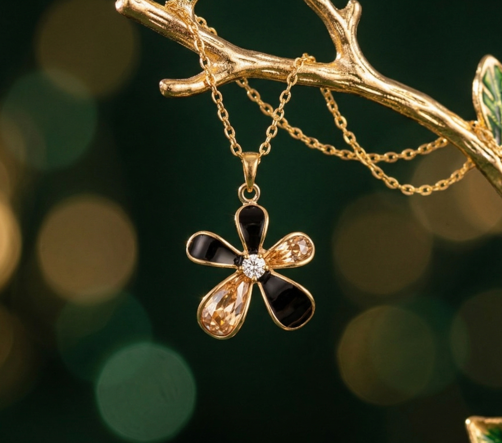 Gold necklace with a black and gold pendant on a branch against a blurred green background