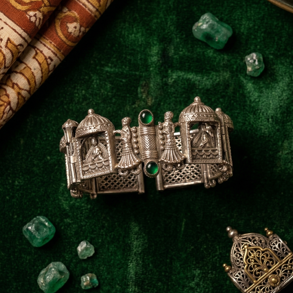 Yugavi Raajmahal Cuff flat lay — wide oxidised silver temple dancer cuff bracelet — Yugavi Heritage Collection — houseofyugavi.com