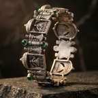 Yugavi Raajmahal Cuff — wide oxidised silver temple dancer haveli arch cuff bracelet with green cabochon stones — houseofyugavi.com