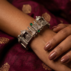 Yugavi Raajmahal oxidised silver wide cuff bracelet worn on wrist — heritage temple dancer bracelet — Yugavi Heritage Collection — Yugavi Jewels