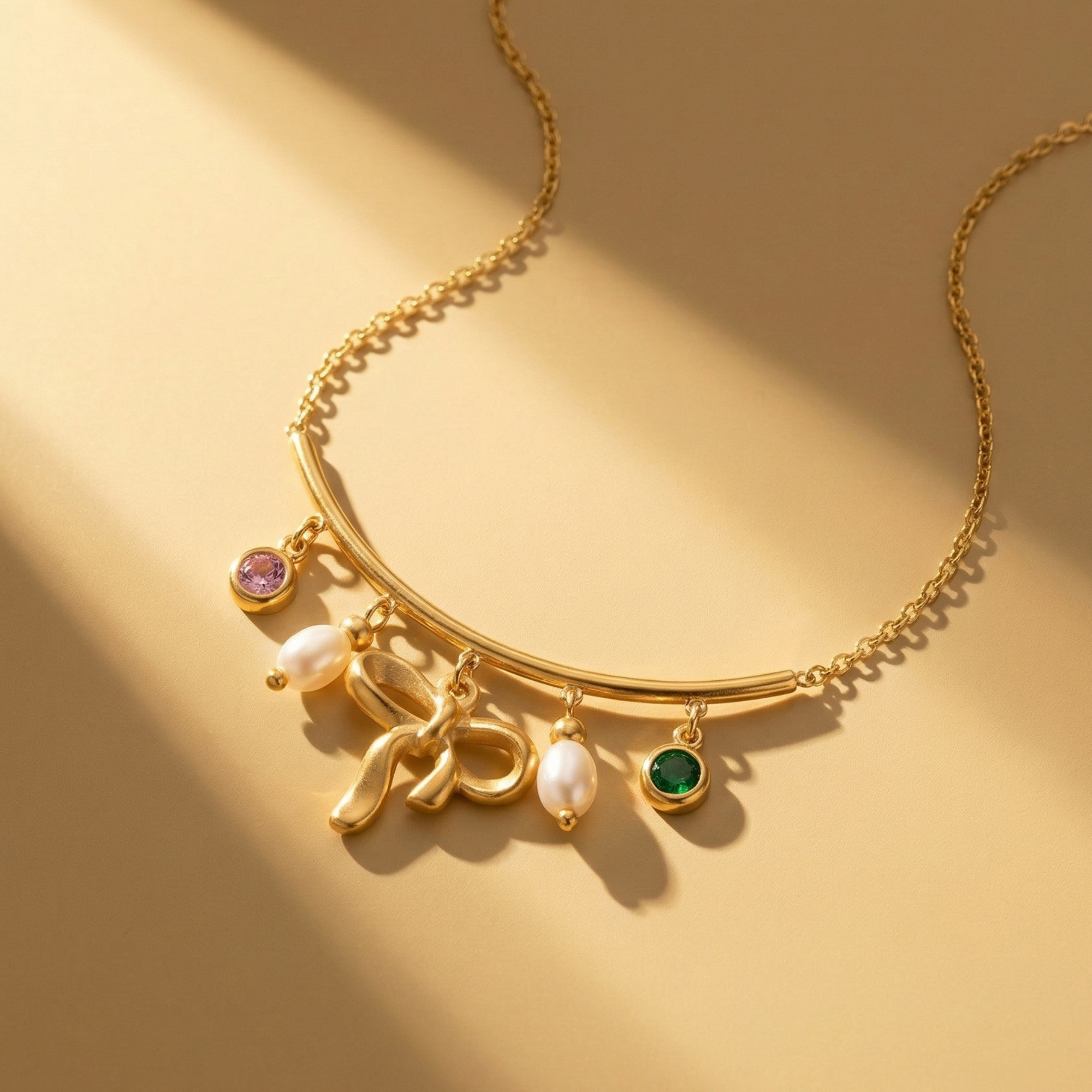 Yugavi Ribbon 22K gold plated bow charm bar necklace with 3D ribbon bow charm freshwater pearl drops pink and emerald green CZ stones slim cable chain daily wear casual gifting Valentine birthday jewellery Yugavi buy online India