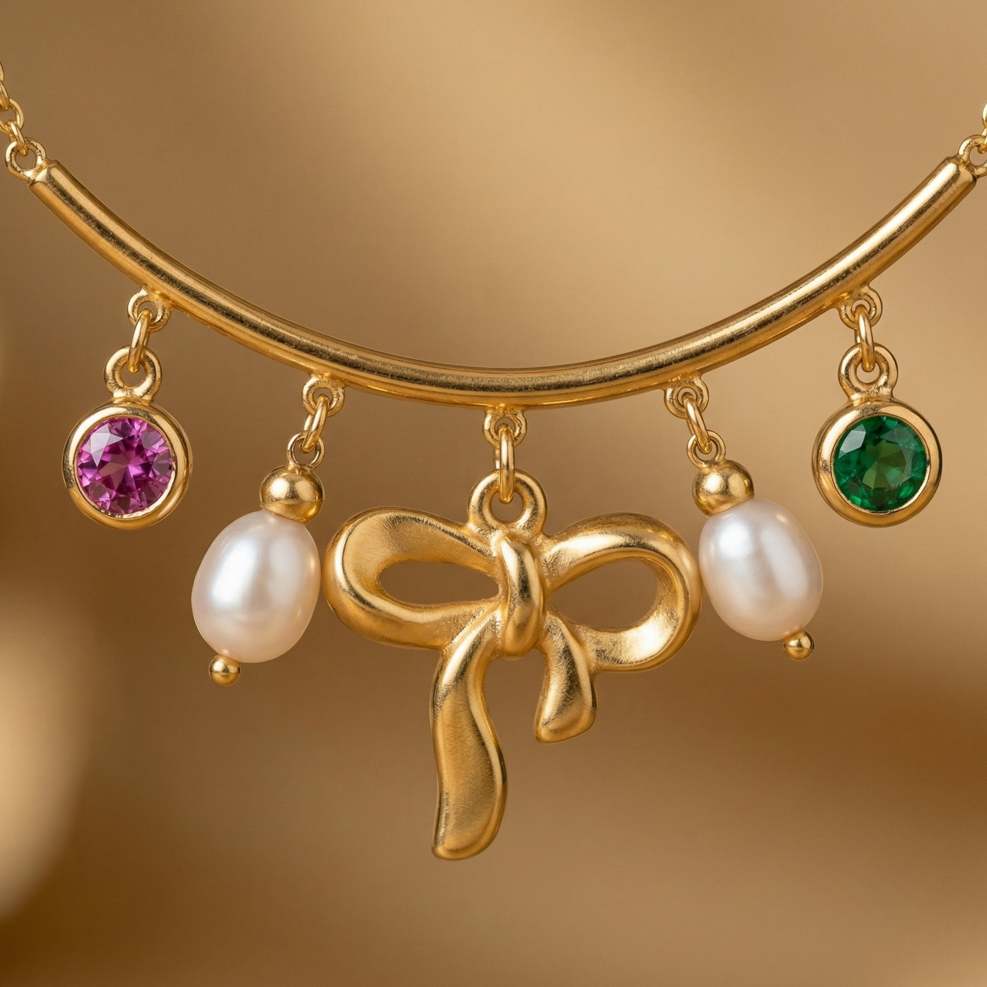 Yugavi Ribbon gold bow charm bar necklace pearl pink emerald CZ daily wear gifting India Yugavi