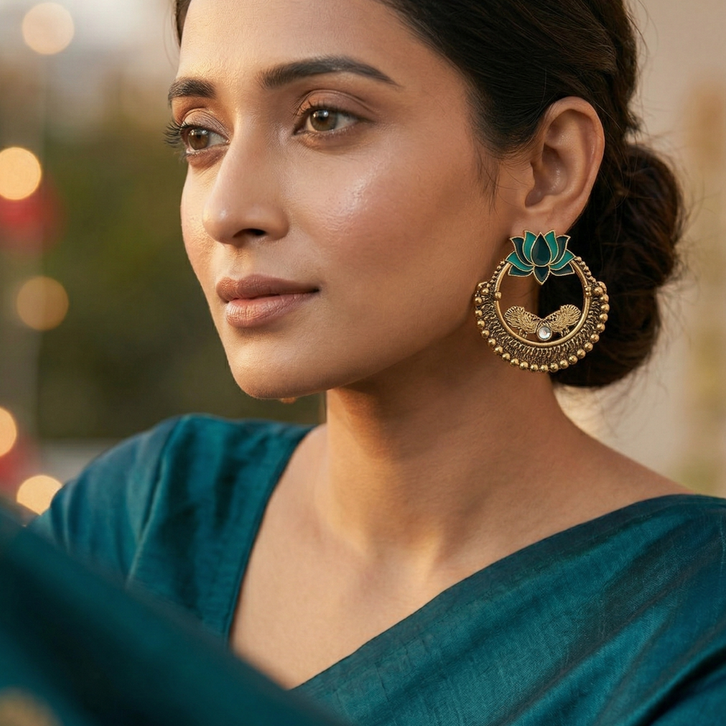 Yugavi Sadira antique gold open circle earrings displayed as a pair on white background — two-tone teal and forest green enamel lotus crown rising from the top of each circle, dense granulated bead outer border with filigree inner band, two engraved gold leaf forms flanking a central white kundan stone inside the open circle
