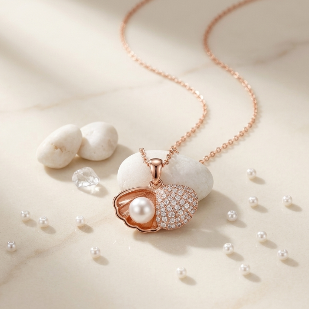 Rose gold necklace with a pearl pendant on a beige background