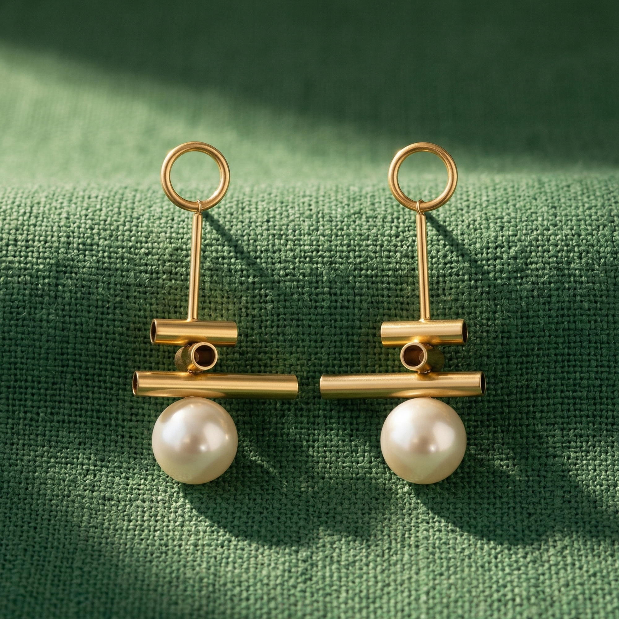 Yugavi Samaira 22K gold plated geometric tube bar cross structure pearl drop earrings open circle hoop top vertical bar double horizontal tubes large freshwater pearl drop daily wear office contemporary jewellery Yugavi buy online India
