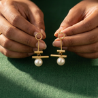 Yugavi Samaira gold geometric tube bar pearl drop earrings contemporary daily wear India Yugavi