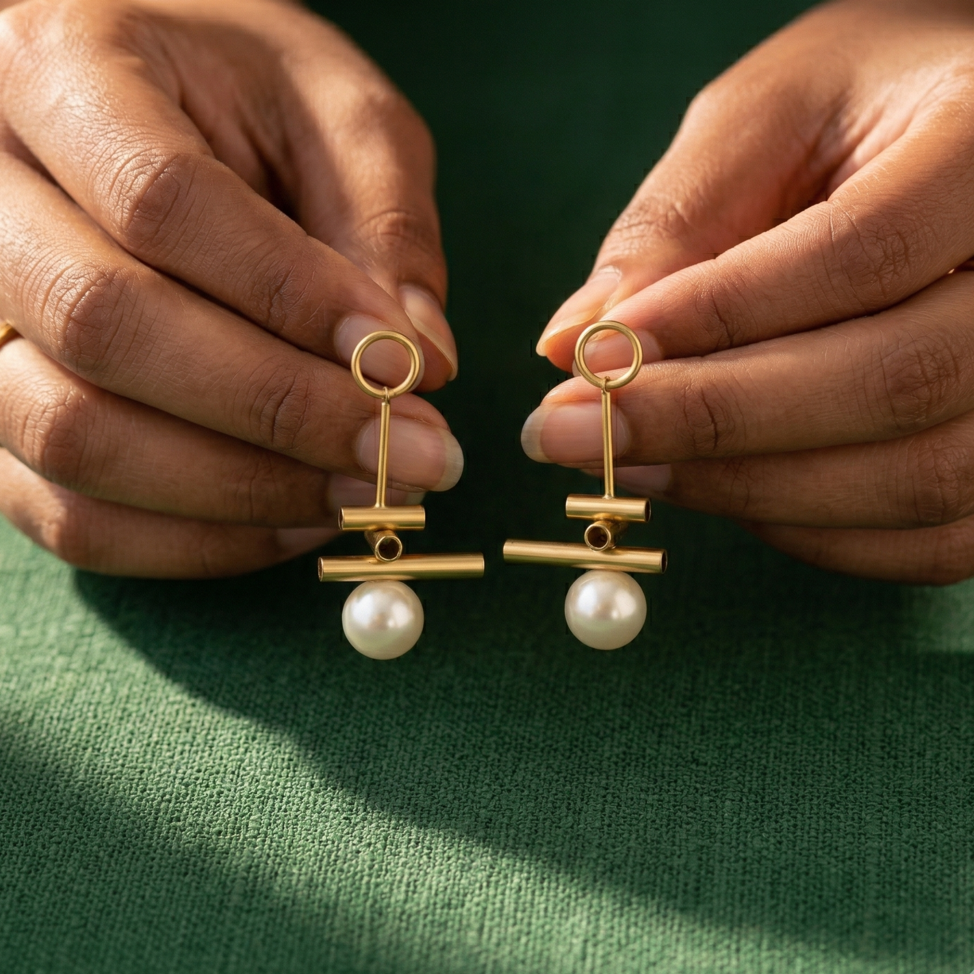 Yugavi Samaira gold geometric tube bar pearl drop earrings contemporary daily wear India Yugavi