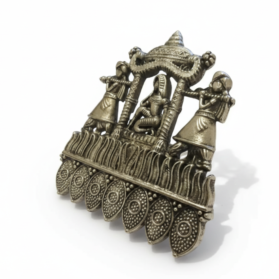 Detail of Yugavi Samayra lower border — seven elongated oval leaf forms with granulated dot surface pattern and concentric circle engraving, temple chariot processional border in oxidised silver, Kansyam Rajat heritage ring India House of Yugavi