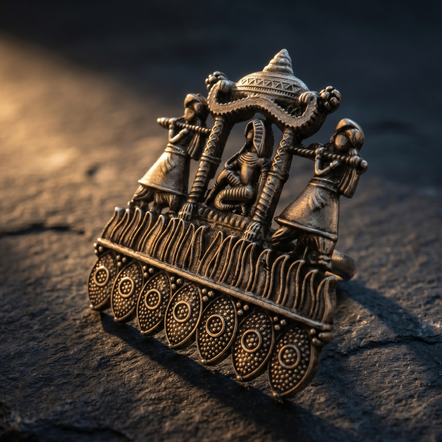 Yugavi Samayra oxidised silver temple scene statement ring on white background — three-dimensional miniature tableau with seated deity under conical shikhara spire, two flanking temple musician figures, mandapa arch canopy with fringe, seven oval leaf forms with granulated dot pattern along lower border, adjustable open-back band, House of Yugavi Kansyam Rajat Collection