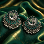 Yugavi Samira oxidized silver peacock chandbali earrings with green enamel

ALT 2
