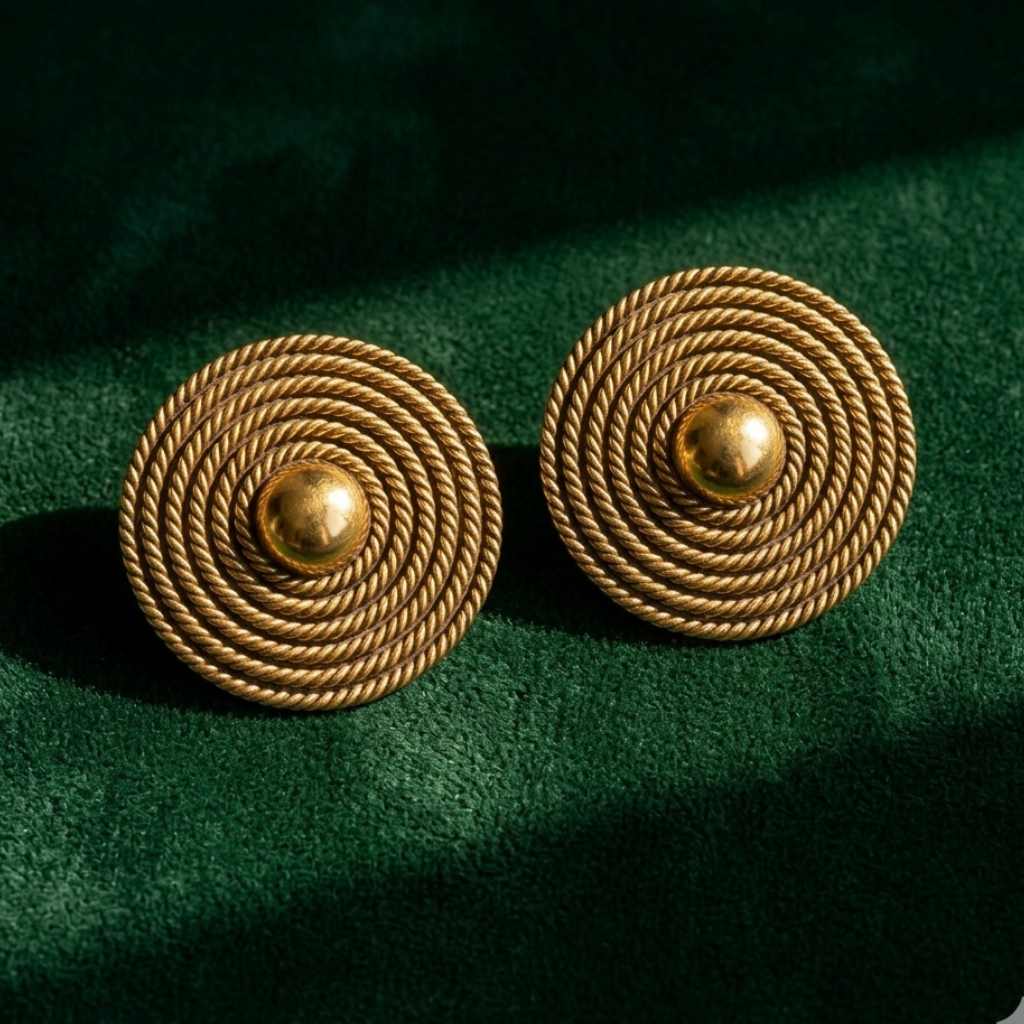 Yugavi Sejal large gold circular disc stud earrings displayed as a pair on white background — concentric rings of fine rope-twist gold texture radiating outward from a central raised polished dome, antique gold finish showing depth and shadow in the ring recesses