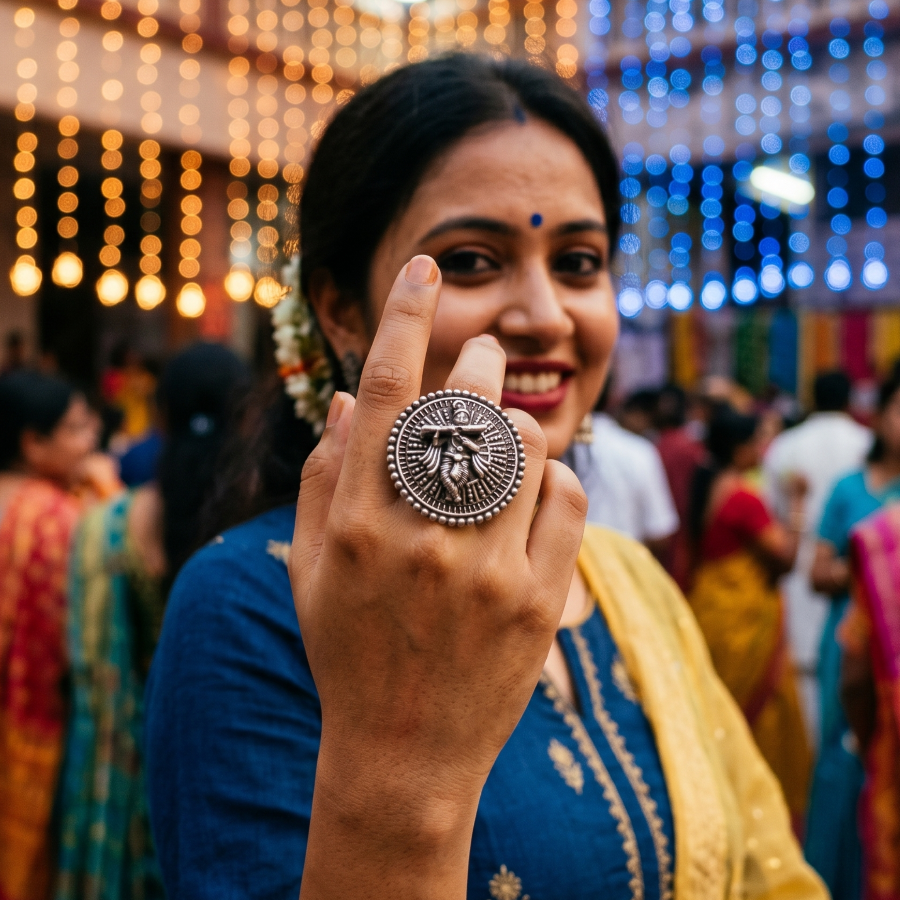 Woman holding a large decorative ring in front of her face with festive lights and people in the background