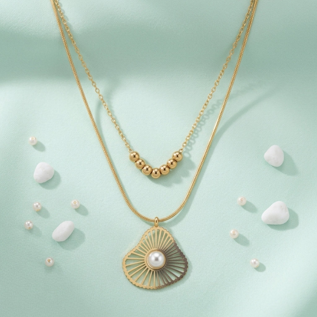 Gold necklace with a pearl pendant on a light green background