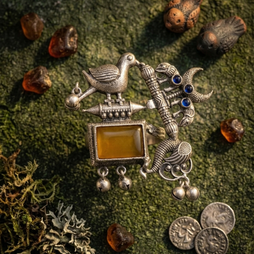 Yugavi Srishti Ring flat lay — oxidised silver mythological statement ring — Yugavi Heritage Collection — houseofyugavi.com
