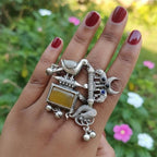 Yugavi Srishti oxidised silver statement ring worn on finger — tribal heritage mythological ring — Yugavi Heritage Collection — Yugavi Jewels
