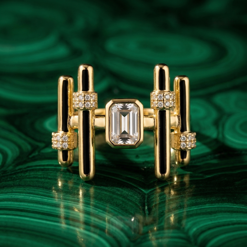 Yugavi Stambha Ring — gold Art Deco black enamel vertical bar ring with emerald-cut bezel CZ and pavé connectors — houseofyugavi.com