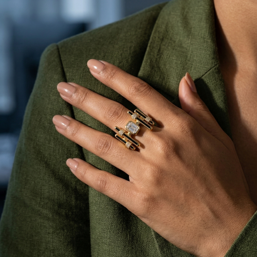 Yugavi Stambha gold black enamel architectural bar ring worn on finger — Art Deco statement ring — Yugavi Workday Elegance — Yugavi Jewels
