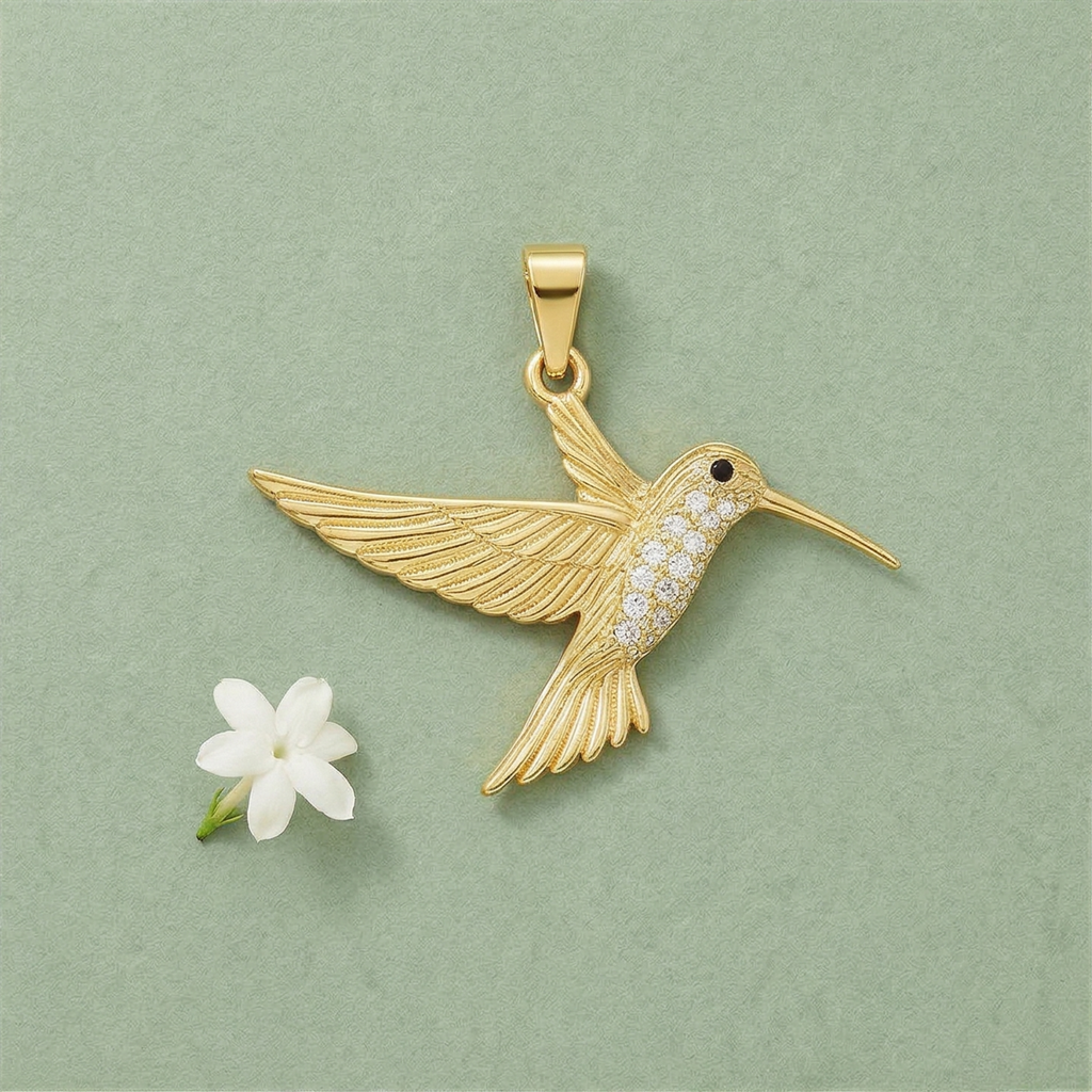 Yugavi Tara gold hummingbird pendant necklace — hummingbird in full flight with feather-line relief wings spread wide, white pavé CZ crystal chest, black eye stone and extended needle beak, on a bold gold cable oval link chain, displayed on white background