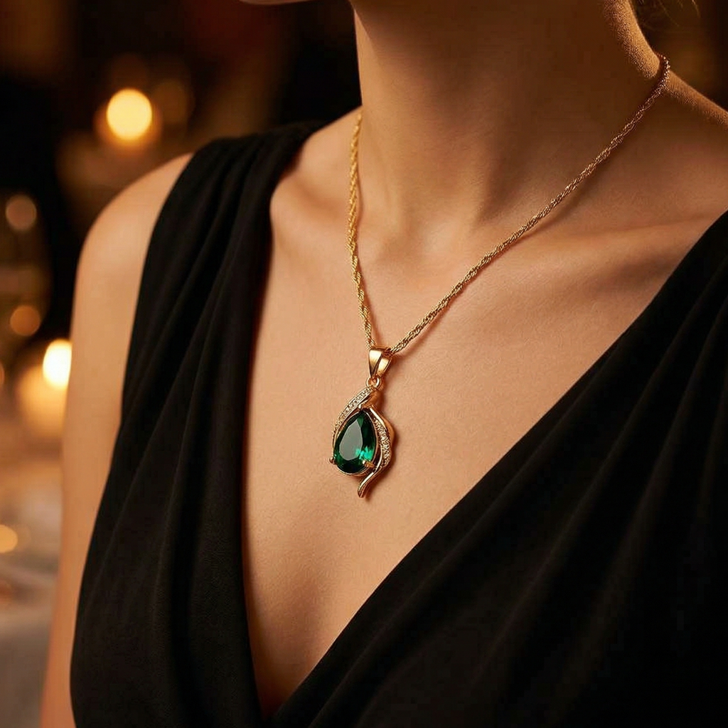 Yugavi Tarang gold emerald teardrop pendant necklace — large faceted deep green teardrop stone in asymmetric gold wave frame with diagonal pavé white CZ crystal band, polished gold teardrop bail, twisted Singapore rope chain, displayed on white background