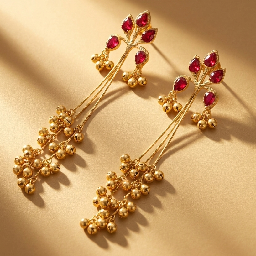 Yugavi Tvarita 22K gold plated ruby red lotus petal stud long ghungroo chain dangler earrings bridal wedding festive Navratri sangeet Indian heritage jewellery Yugavi Kansyam buy online India