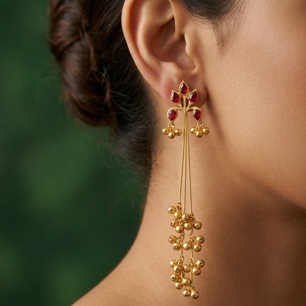 Yugavi Tvarita gold ruby lotus ghungroo chain dangler earrings bridal festive India Yugavi