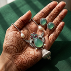 Yugavi Vamika oxidised antique silver aqua blue CZ twin bird motif pendant necklace set with freshwater pearl ball chain multicolour floral cluster lantern drop and matching square aqua stud earrings festive bridal wedding ethnic jewellery Yugavi Kansyam buy online India