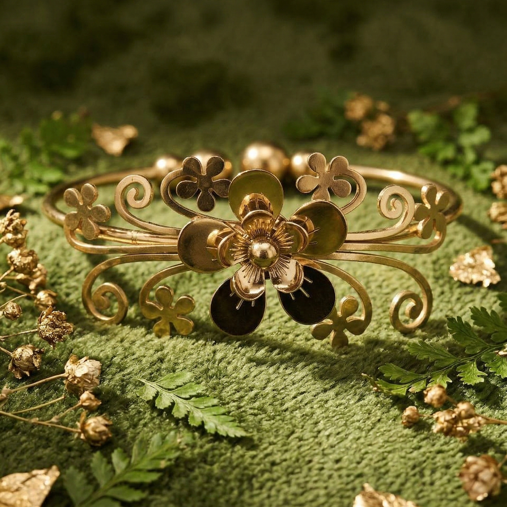 Yugavi Vana gold floral filigree open cuff bangle with scrolling vine openwork, small flower cutouts, gold bead accents and raised 3D dimensional centre flower bloom with oxidised dark petals, front view —