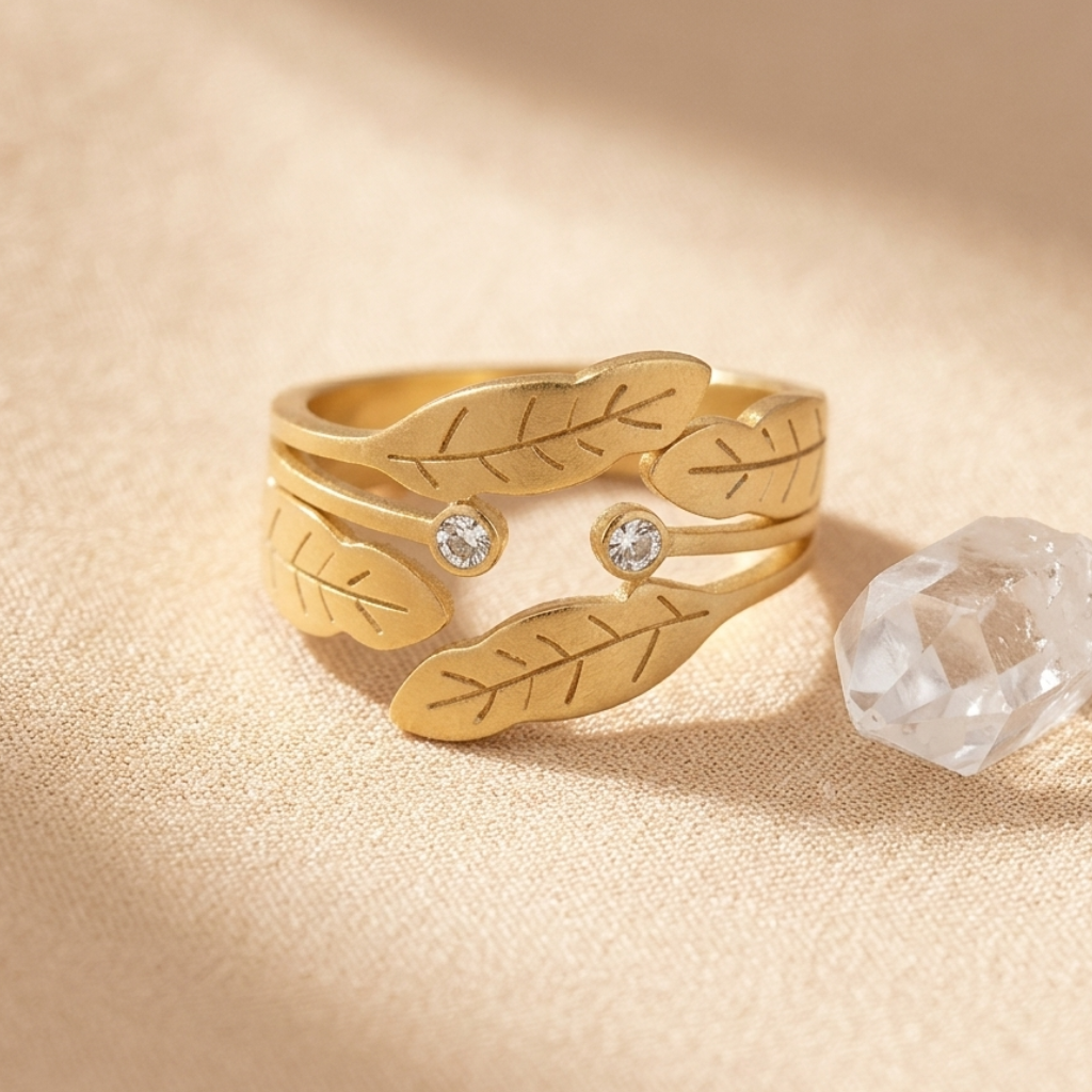 Gold ring with leaf designs and embedded diamonds on a beige background