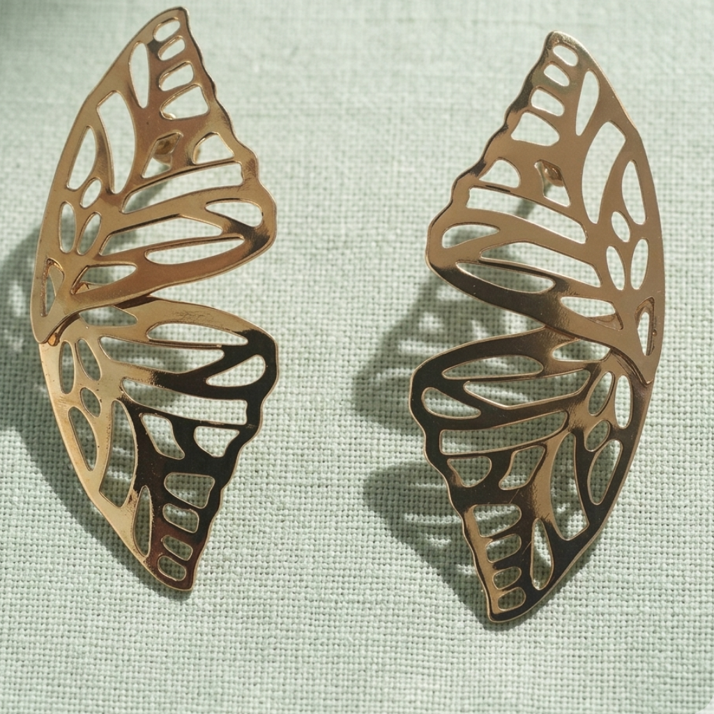 Yugavi Vihanga Earrings — large gold butterfly wing cutout statement earrings with intricate vein lattice — houseofyugavi.com
