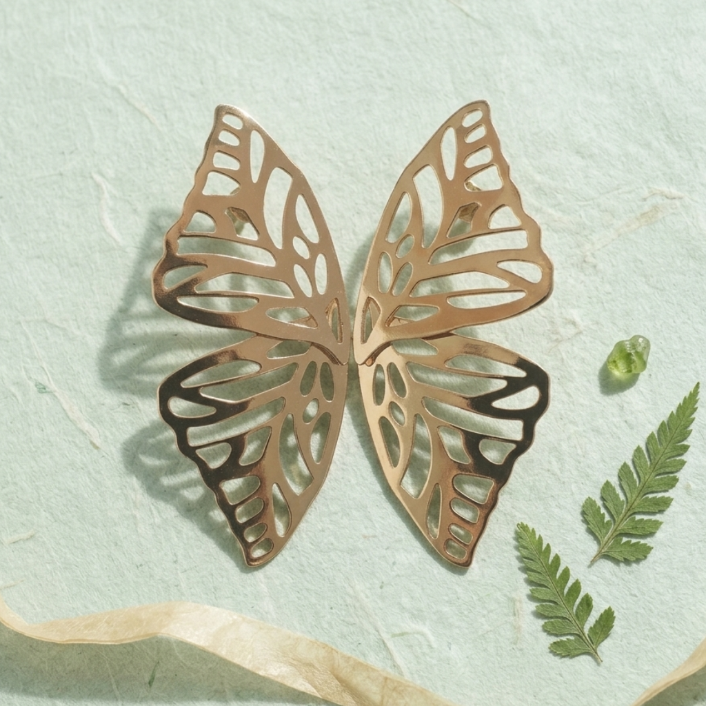 Bronze butterfly-shaped object on a light green textured background with leaves.