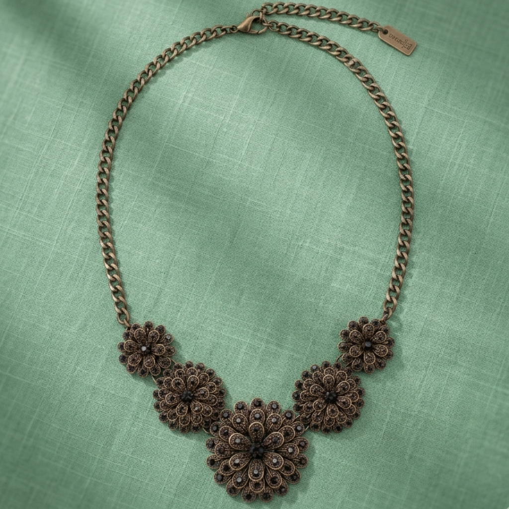 Bronze floral necklace on a green textured background