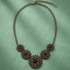 Bronze floral necklace on a green textured background