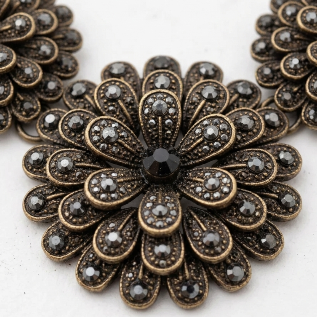 Decorative brooch with floral design and black gemstones on a white background