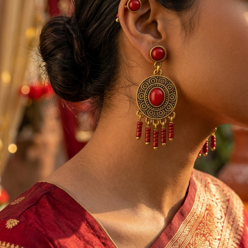 Woman wearing a traditional red and gold earring with a blurred background