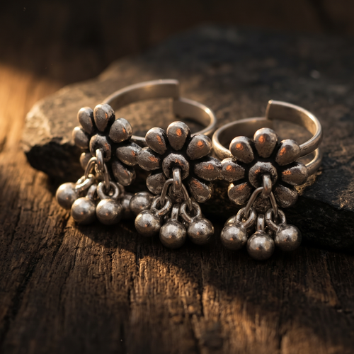 Silver rings with dangling beads on a wooden surface