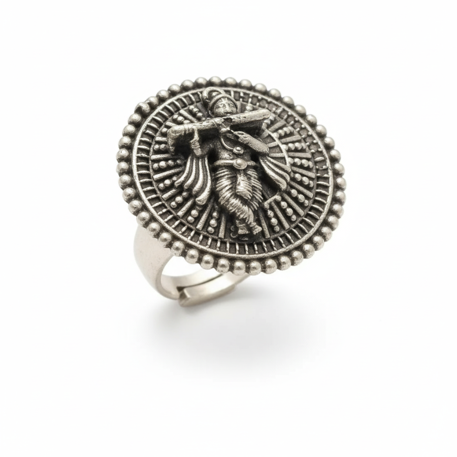 oxidised silver Krishna coin disc statement ring India
