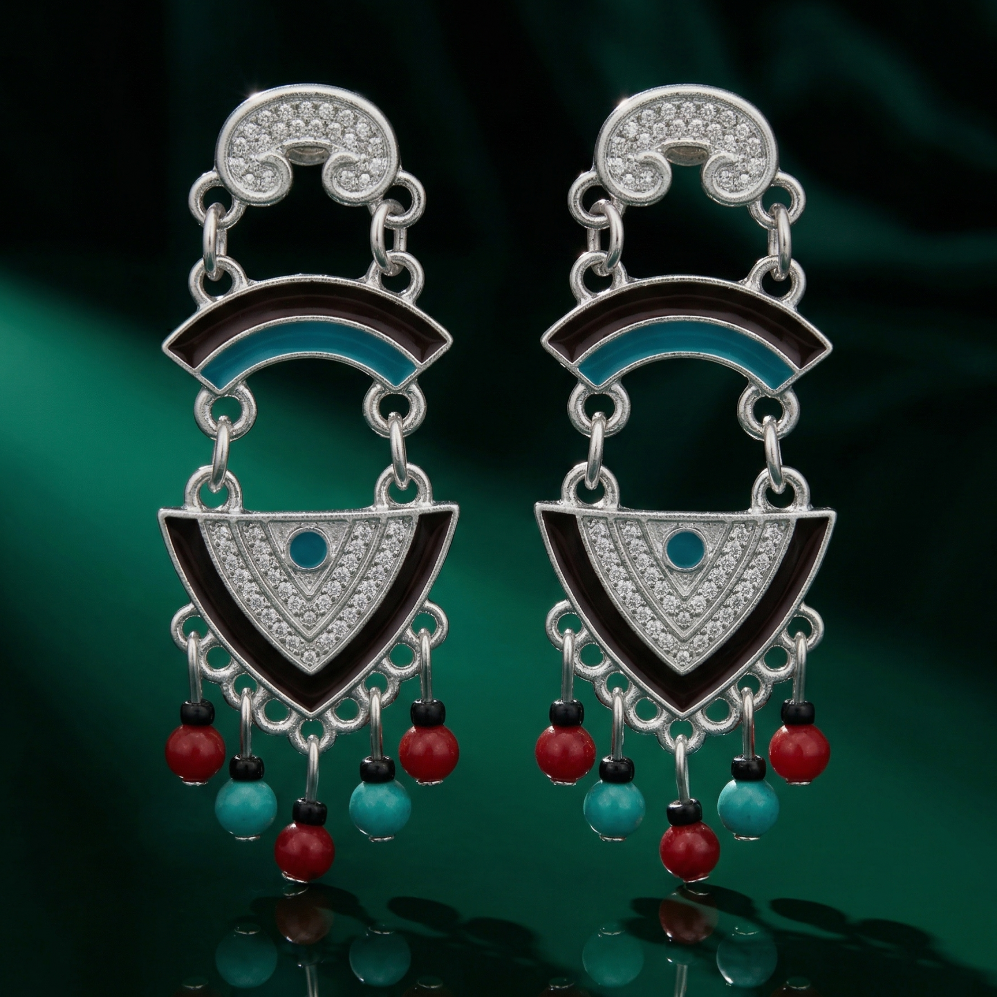 Yugavi tribal statement earrings with triangle motif and enamel accents