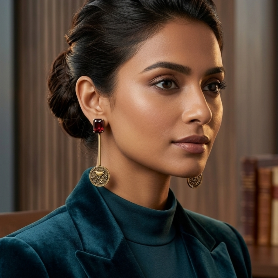 Woman wearing a dark green coat with earrings in an indoor setting