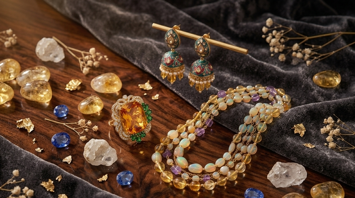 An ornate gold jewelry set arranged on a dark wooden surface with draped black velvet and dried floral props. The set includes a beaded bracelet, matching earrings, and a ring with a large amber stone and colorful enamel accents.